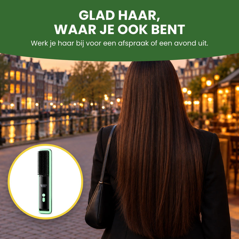 Vrouw van achteren met lang glad haar 's avonds aan de gracht, en de SleekGo in een cirkel: glad haar, waar je ook bent