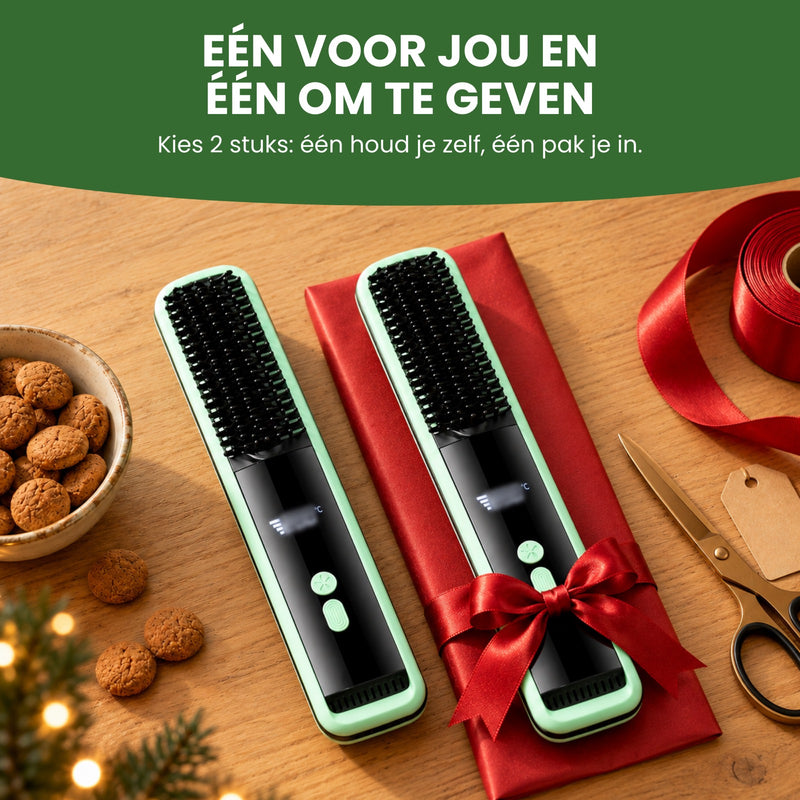 Twee SleekGo-stijlborstels op tafel, één met een strik op cadeaupapier: één voor jou en één om te geven