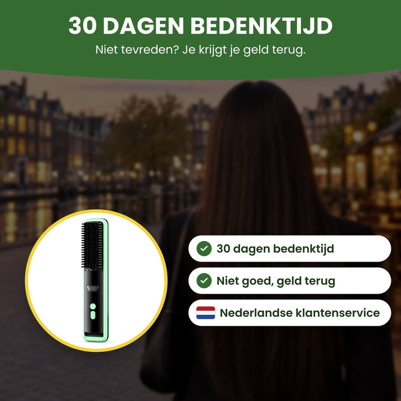 De SleekGo stijlborstel in een cirkel, met Nederlandse klantenservice: 30 dagen bedenktijd, niet goed geld terug