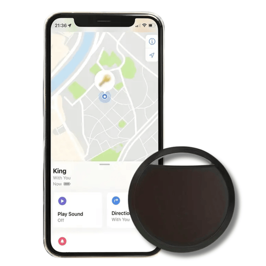 Zwarte ronde GPS-tracker in close-up naast smartphone met locatie-app in beeld.