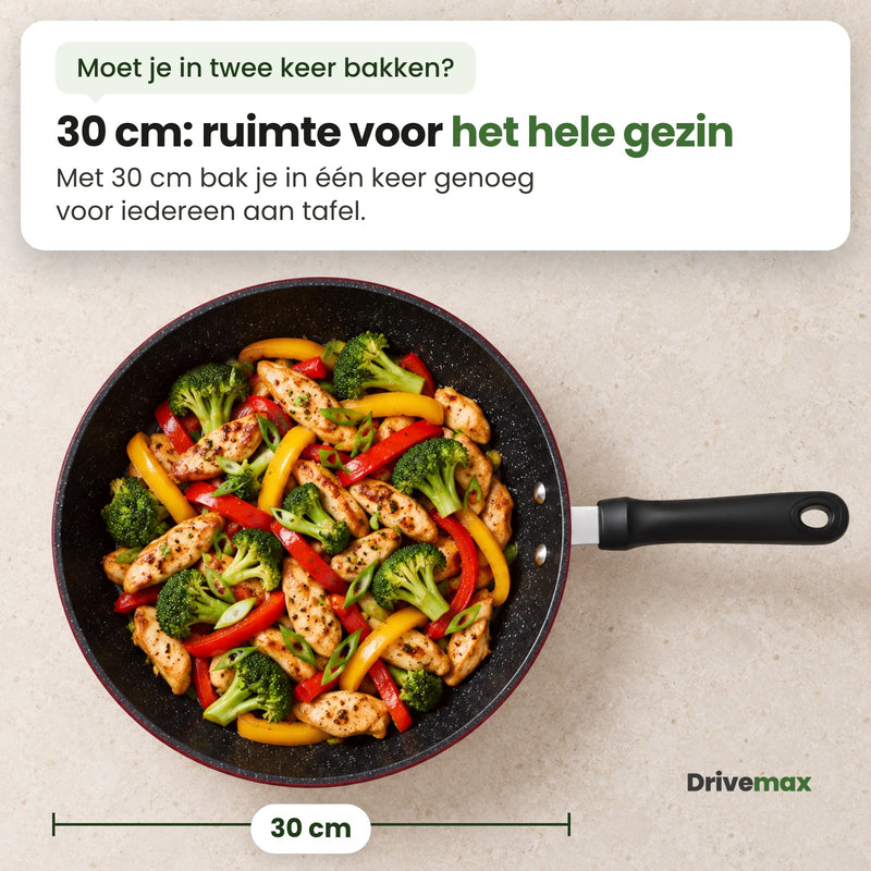 De Smulova koekenpan van bovenaf, gevuld met kip, paprika en broccoli, met een maatlijn van 30 cm: ruimte om in één keer voor het hele gezin te bakken