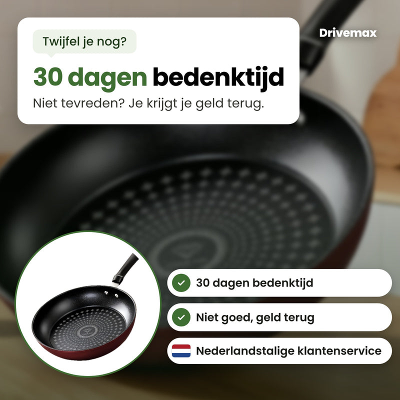 De Smulova koekenpan in een cirkel, met Nederlandstalige klantenservice: 30 dagen bedenktijd, niet goed geld terug
