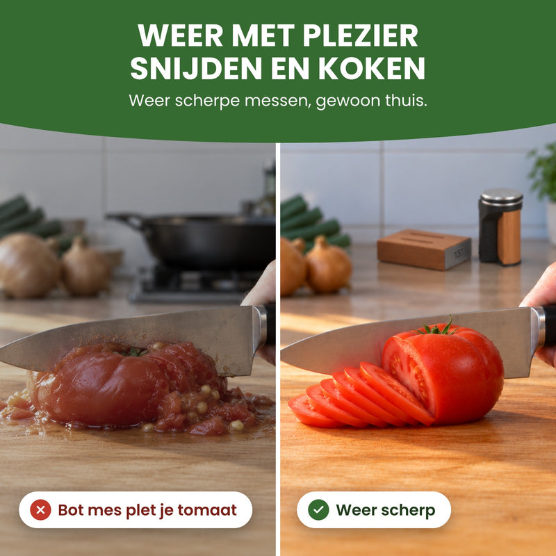 Links plet een bot mes een tomaat, rechts snijdt een scherp mes nette plakjes: weer met plezier snijden en koken
