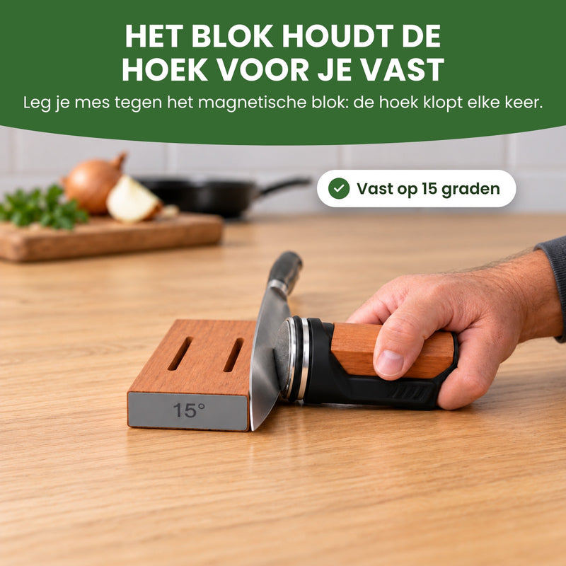 Koksmes tegen het magnetische blok met 15 graden, de slijper op zijn kant ertegen: het blok houdt de hoek voor je vast