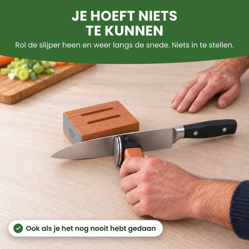 Hand rolt de Snedova-slijper langs een koksmes tegen het blok: je hoeft niets te kunnen en niets in te stellen
