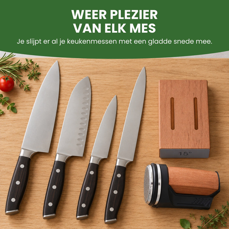 Vier keukenmessen met een gladde snede naast de Snedova op een snijplank: weer plezier van elk mes
