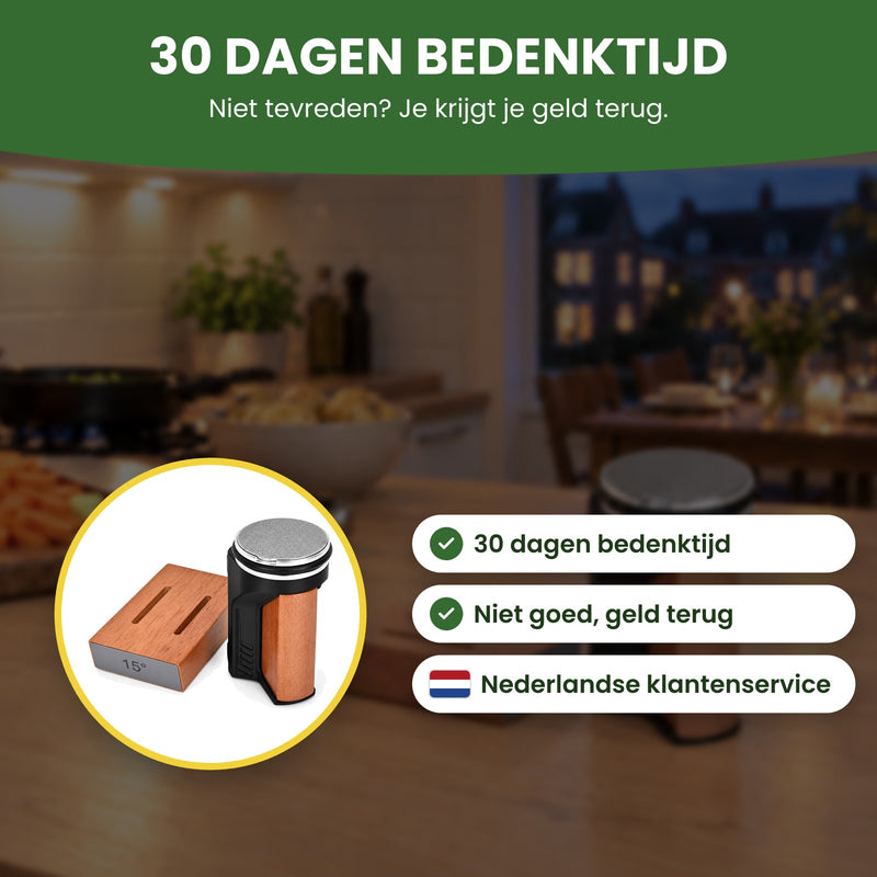 De Snedova messenslijper in een cirkel, met Nederlandse klantenservice: 30 dagen bedenktijd, niet goed geld terug
