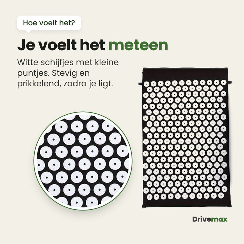 Uitvergroting van de witte schijfjes met kleine puntjes op de Spikly spijkermat: je voelt het meteen, stevig en prikkelend