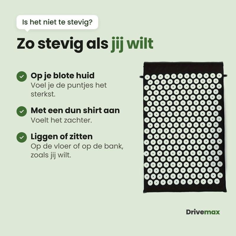 De Spikly spijkermat: zo stevig als jij wilt. Op je blote huid voel je de puntjes het sterkst, met een dun shirt aan voelt het zachter