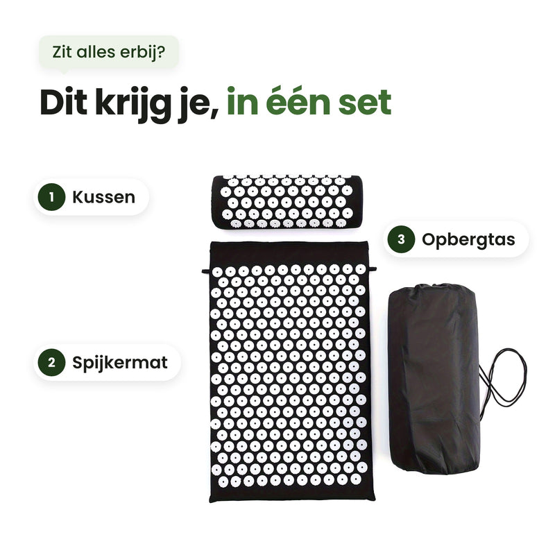 Dit krijg je in één set: het kussen, de spijkermat en de opbergtas van de Spikly