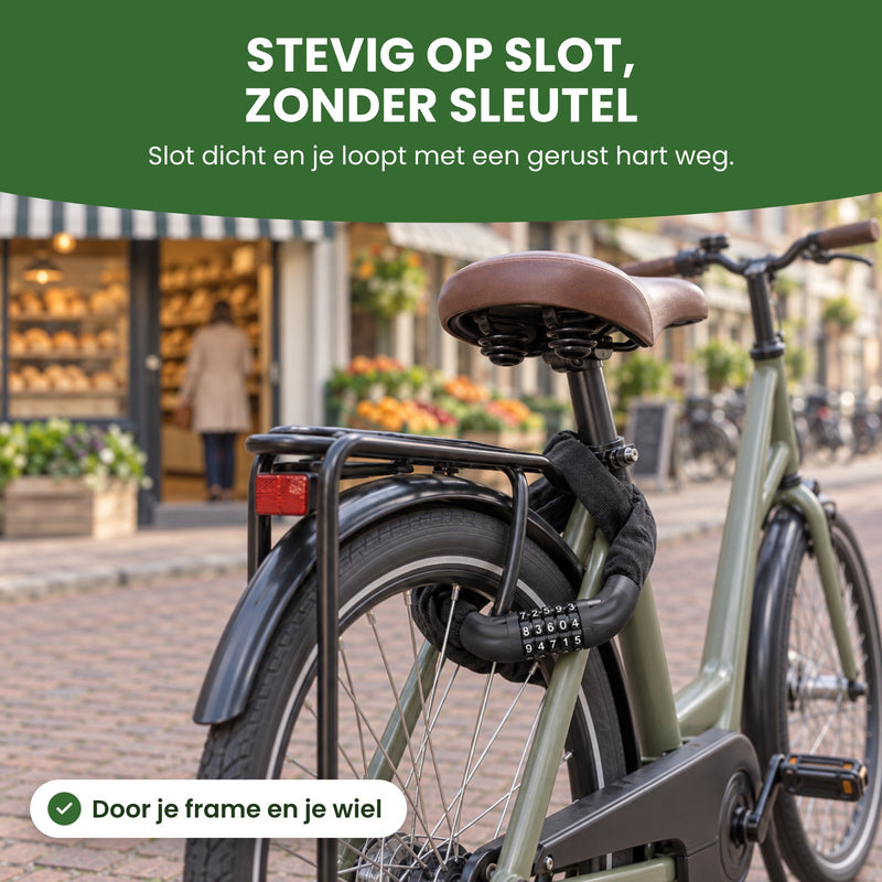 SteelGuard kettingslot om het frame en door het achterwiel van een stadsfiets voor de bakker: stevig op slot, zonder sleutel