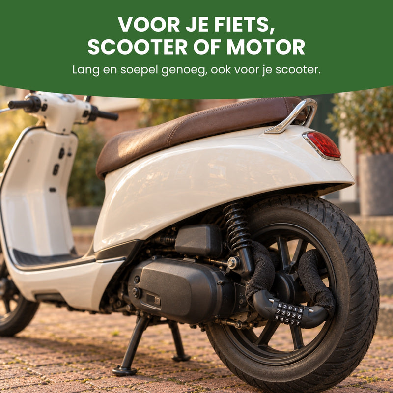 SteelGuard kettingslot door het achterwiel van een scooter voor de voordeur van een rijtjeshuis: voor je fiets, scooter of motor