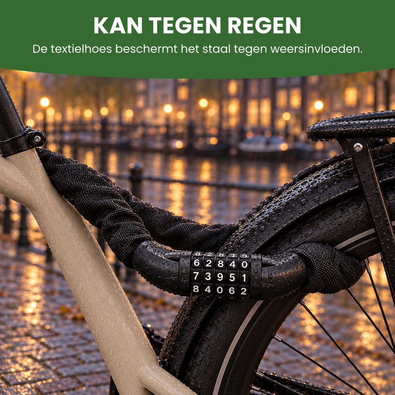 Nat SteelGuard kettingslot met regendruppels om het frame van een e-bike in de stad: kan tegen regen