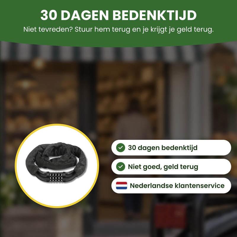 SteelGuard kettingslot met de labels ‘Niet goed, geld terug’ en ‘Nederlandse klantenservice’ met een Nederlands vlaggetje: 30 dagen bedenktijd