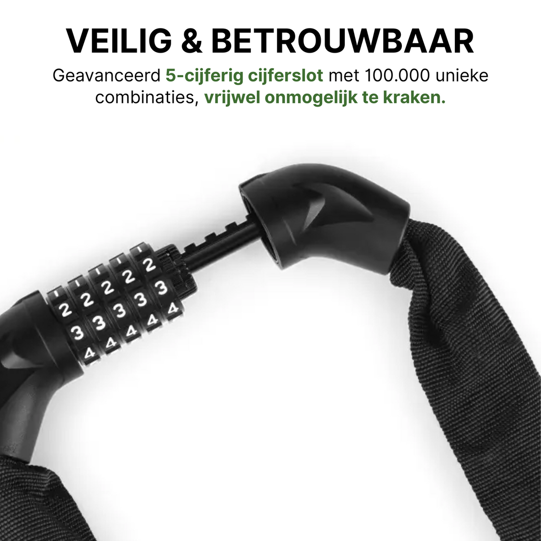 Close-up van het geopende kettingslot met zichtbaar 5-cijferig combinatieslot en zwarte textielhoes.