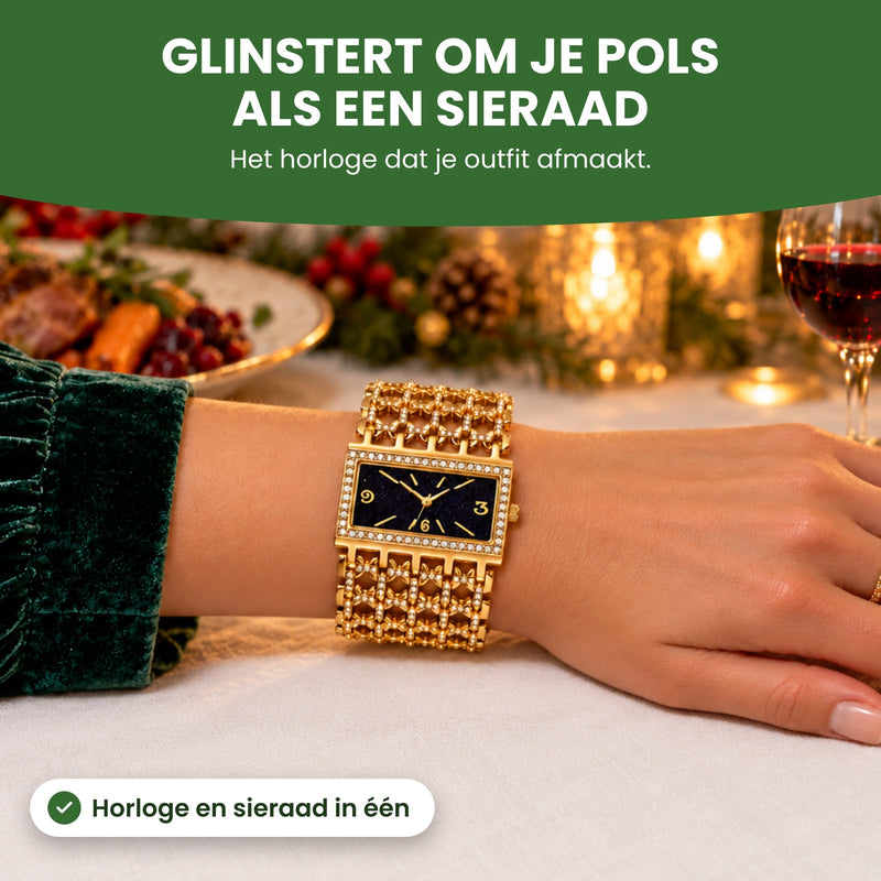 Pols met de Stellova op tafel bij een diner met kaarslicht: glinstert om je pols als een sieraad, het horloge dat je outfit afmaakt