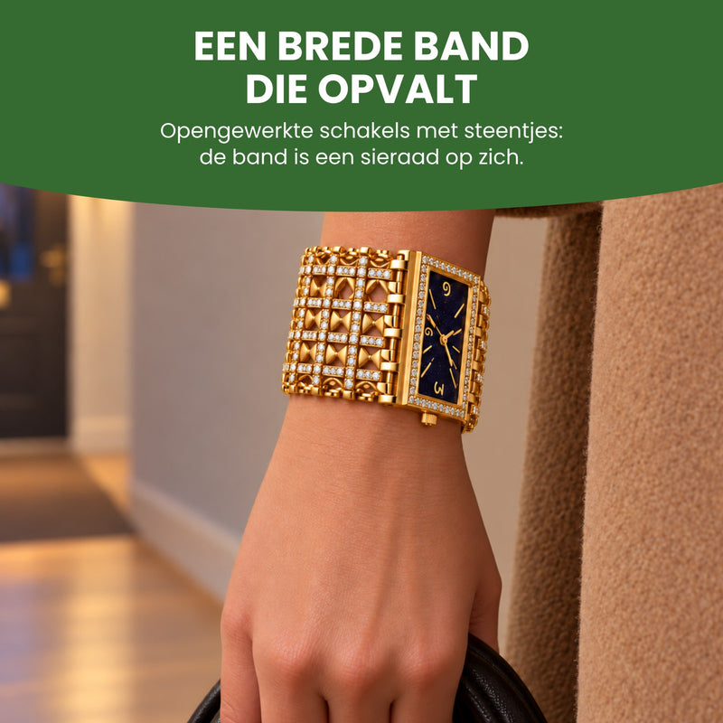 De brede, opengewerkte schakelband van de Stellova om een pols: schakels als een strikje met steentjes, een band die opvalt