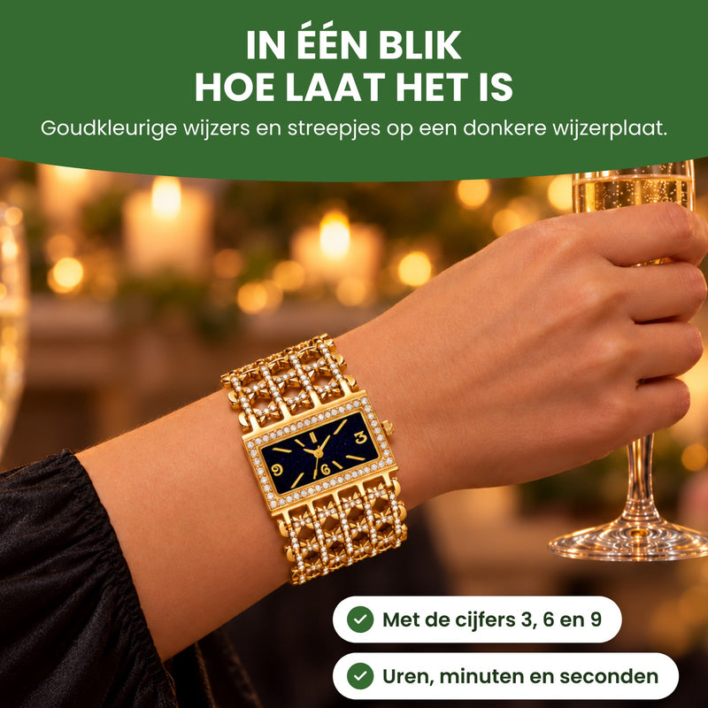 Hand met de Stellova heft een glas op een feest: goudkleurige wijzers op een donkere wijzerplaat, in één blik hoe laat het is