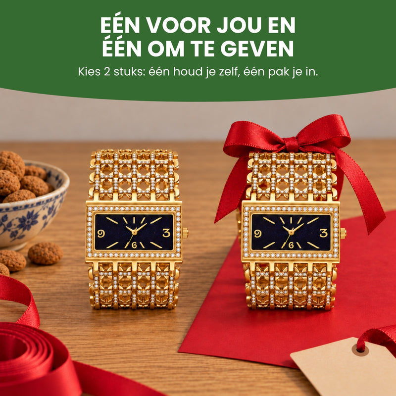 Twee Stellova-horloges op tafel, één met een strik op cadeaupapier: één voor jou en één om te geven