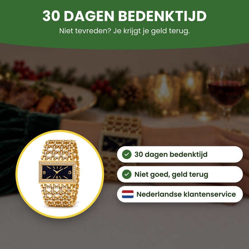 Het Stellova horloge in een cirkel, met Nederlandse klantenservice: 30 dagen bedenktijd, niet goed geld terug