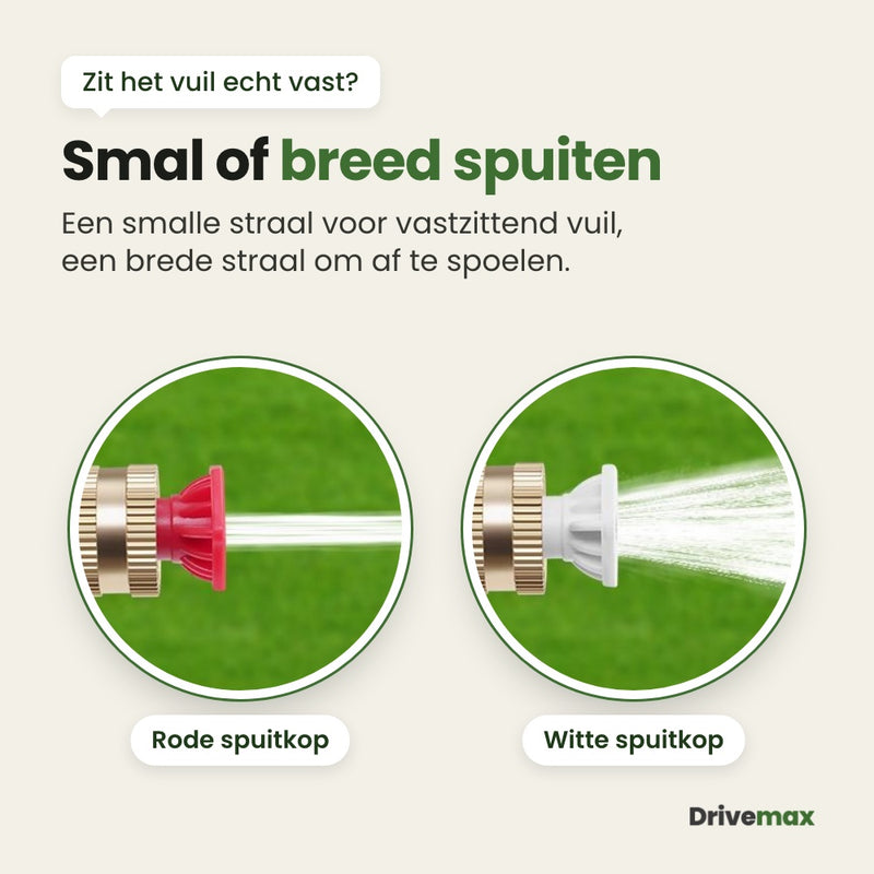 Ronde uitvergrotingen van de rode spuitkop met een smalle straal en de witte spuitkop met een brede straal op de lans van de Straalova