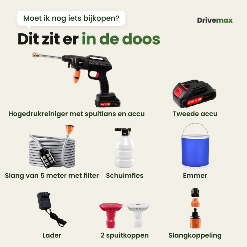Alles wat in de doos zit: hogedrukreiniger met spuitlans en accu, tweede accu, slang van 5 meter met filter, schuimfles, emmer, lader, 2 spuitkoppen en slangkoppeling