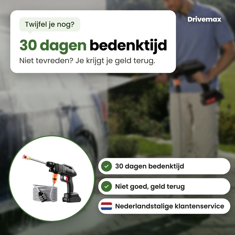 De Straalova hogedrukreiniger in een cirkel, met Nederlandstalige klantenservice: 30 dagen bedenktijd, niet goed geld terug