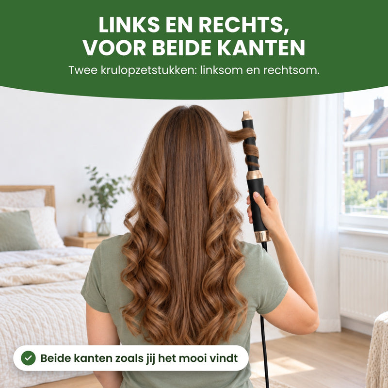 Vrouw van achteren met krullen aan beide kanten en de Stylova met krulopzetstuk: links en rechts, voor beide kanten
