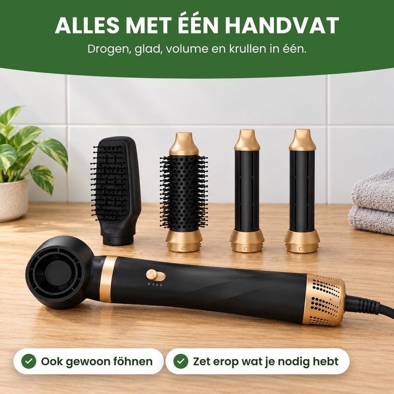 De Stylova met föhnopzetstuk, gladborstel, ronde borstel en twee krulopzetstukken: drogen, glad, volume en krullen met één handvat