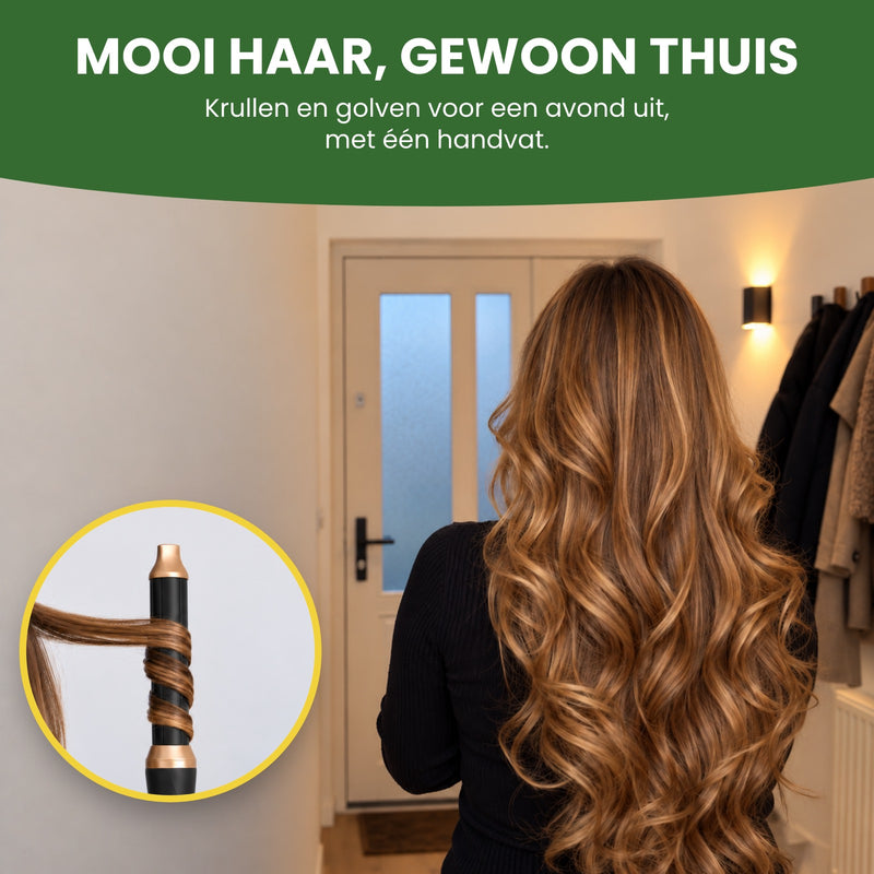 Vrouw van achteren met krullen en golven, klaar voor een avond uit, en een lok om het krulopzetstuk van de Stylova: mooi haar, gewoon thuis