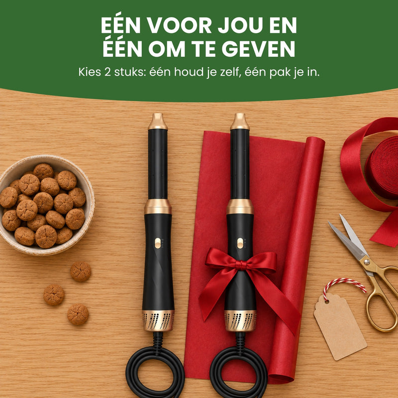 Twee Stylova-föhnborstels op tafel, één met een rode strik op cadeaupapier: één voor jou en één om te geven