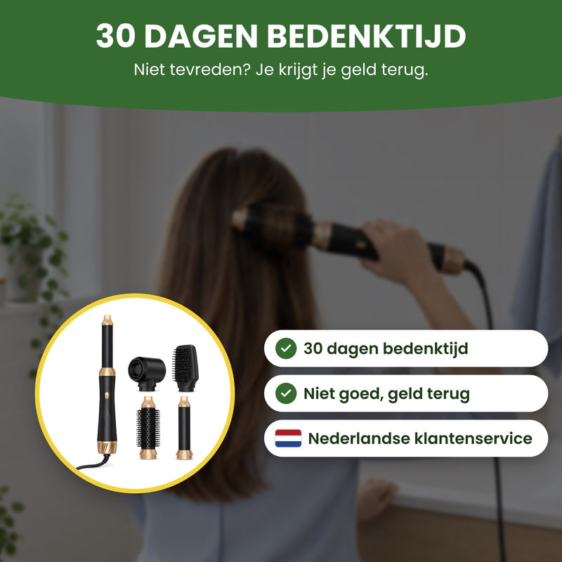 De Stylova föhn met borstel in een cirkel, met Nederlandse klantenservice: 30 dagen bedenktijd, niet goed geld terug