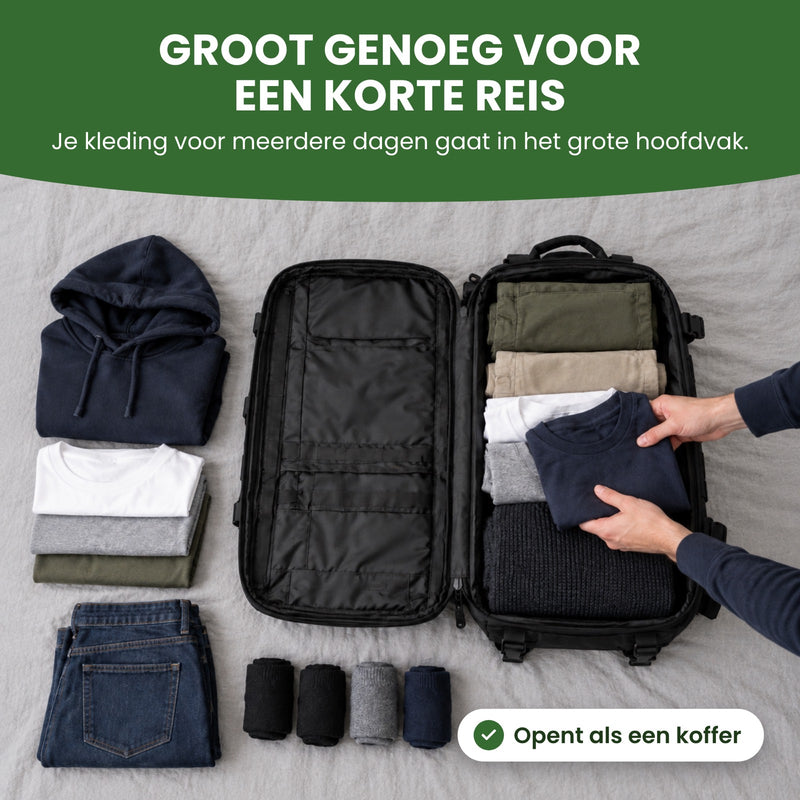 Zwarte rugzak van 45 liter ligt open als een koffer op bed, met gevouwen kleding erin en ernaast: groot genoeg voor een korte reis