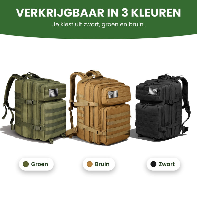 Tactische Rugzak 45L in drie kleuren naast elkaar: groen, bruin en zwart