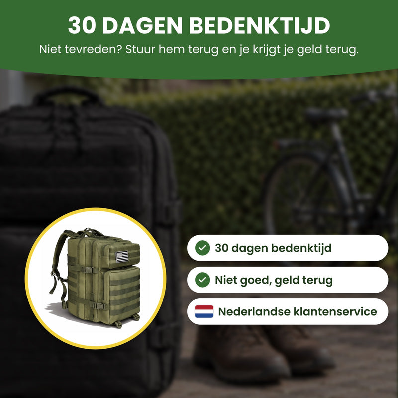 Tactische Rugzak 45L met 30 dagen bedenktijd, niet goed geld terug en Nederlandse klantenservice