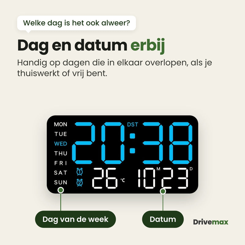 De Tempova met een wijzer naar de dagen van de week en naar de datum: dag en datum erbij, handig als je thuiswerkt of vrij bent
