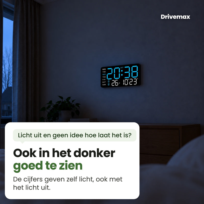 De Tempova aan de muur van een donkere slaapkamer, de cijfers geven zelf licht: ook in het donker goed te zien