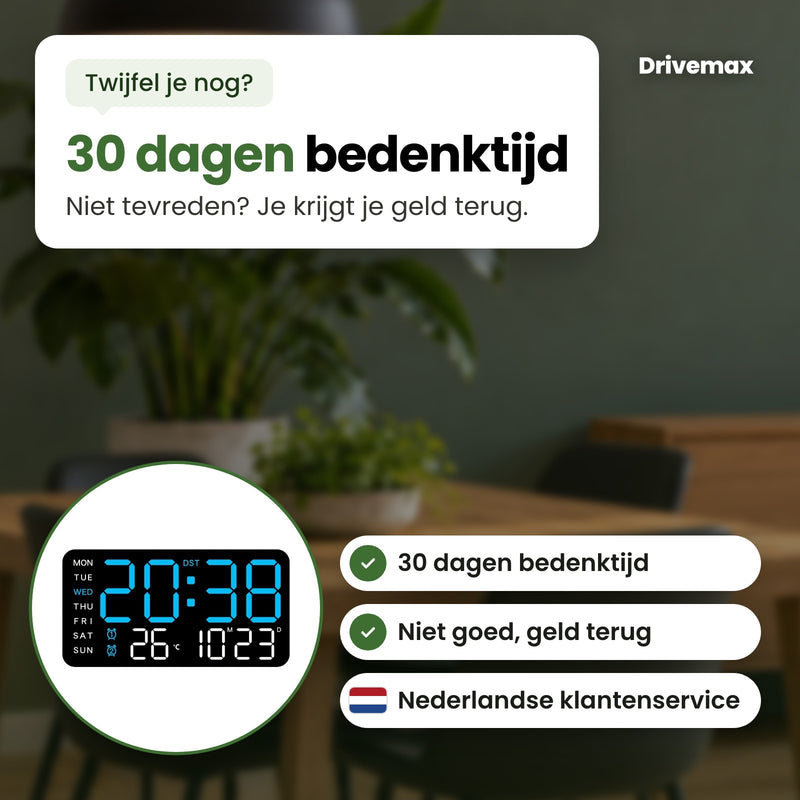 De Tempova digitale wandklok in een cirkel, met Nederlandse klantenservice: 30 dagen bedenktijd, niet tevreden dan krijg je je geld terug