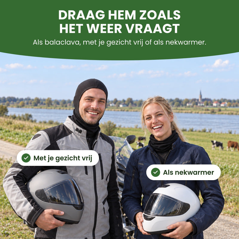 Twee motorrijders op een rivierdijk, hij met de ThermoShield om zijn hoofd en het gezicht vrij, zij als nekwarmer: draag hem zoals het weer vraagt
