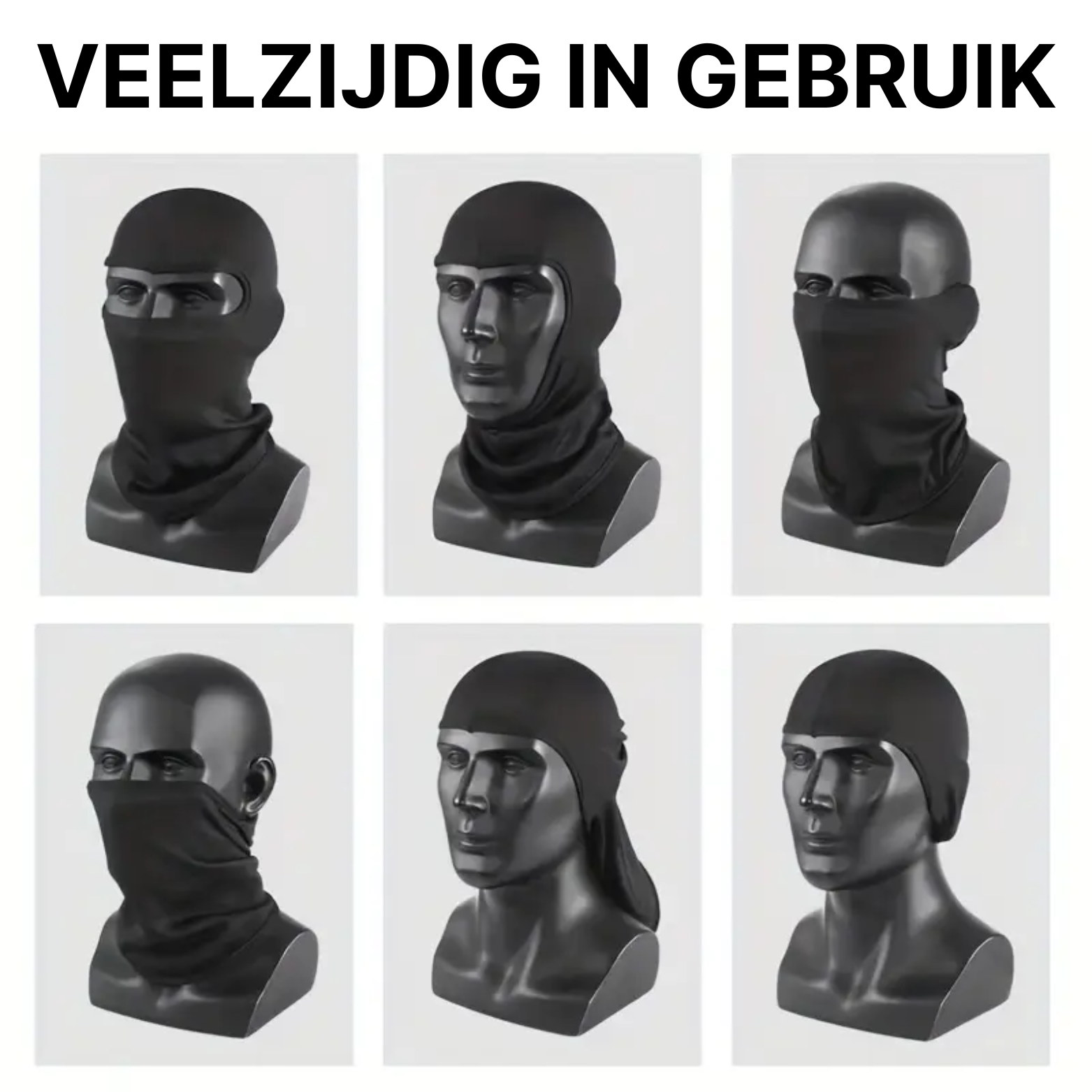 Zwarte ThermoShield™ balaclava getoond in zes draagstijlen op paspoppen, van volledig masker tot nekwarmer.