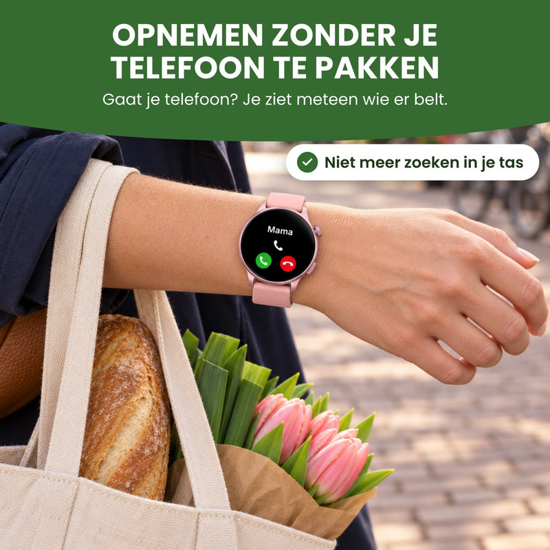 Vrouw met boodschappen aan haar arm ziet op haar Tikova dat Mama belt: opnemen zonder je telefoon te pakken