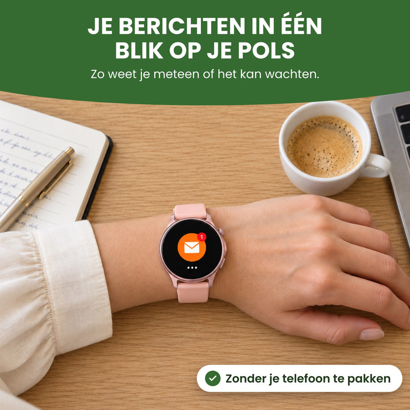 Pols met de Tikova op tafel bij een vergadering, met een nieuw bericht op het scherm: je berichten in één blik op je pols