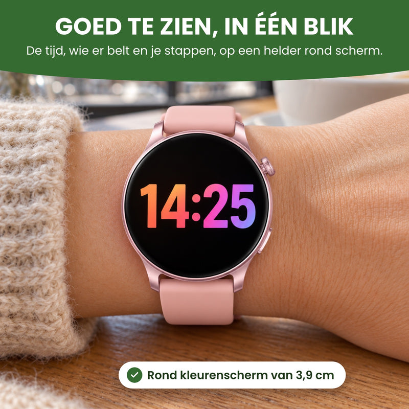 De Tikova van dichtbij om de pols met de tijd in kleur: goed te zien in één blik, op een rond kleurenscherm van 3,9 cm