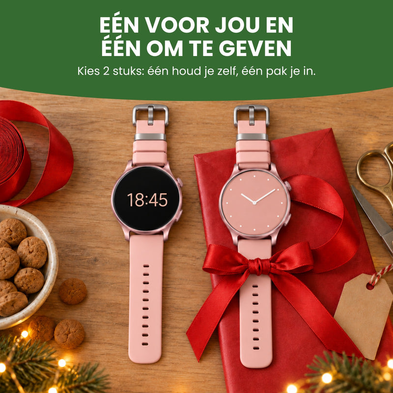 Twee Tikova-smartwatches op tafel, één met een strik op cadeaupapier: één voor jou en één om te geven