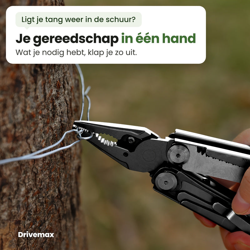 Een hand pakt ijzerdraad bij een boom beet met de tang van de Toolova multitool: je gereedschap in één hand