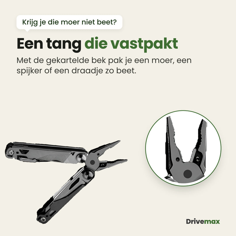 De Toolova multitool schuin liggend, met een ronde uitvergroting van de gekartelde bek van de tang