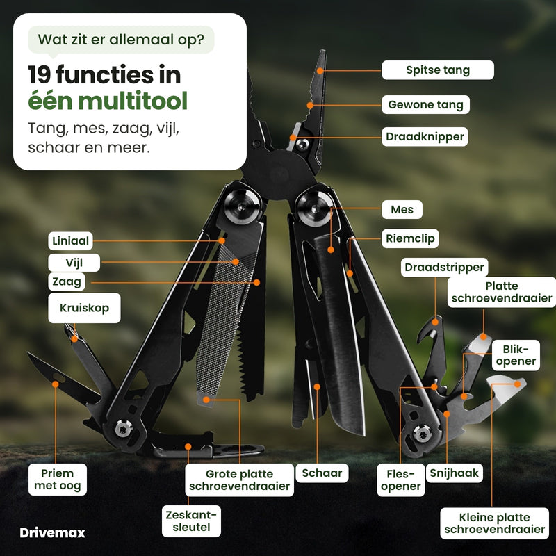 De Toolova multitool met alle 19 functies benoemd: spitse en gewone tang, draadknipper, mes, schaar, zaag, vijl, liniaal, kruiskop, drie platte schroevendraaiers, zeskantsleutel, flesopener, blikopener, draadstripper, snijhaak, priem met oog en riemclip