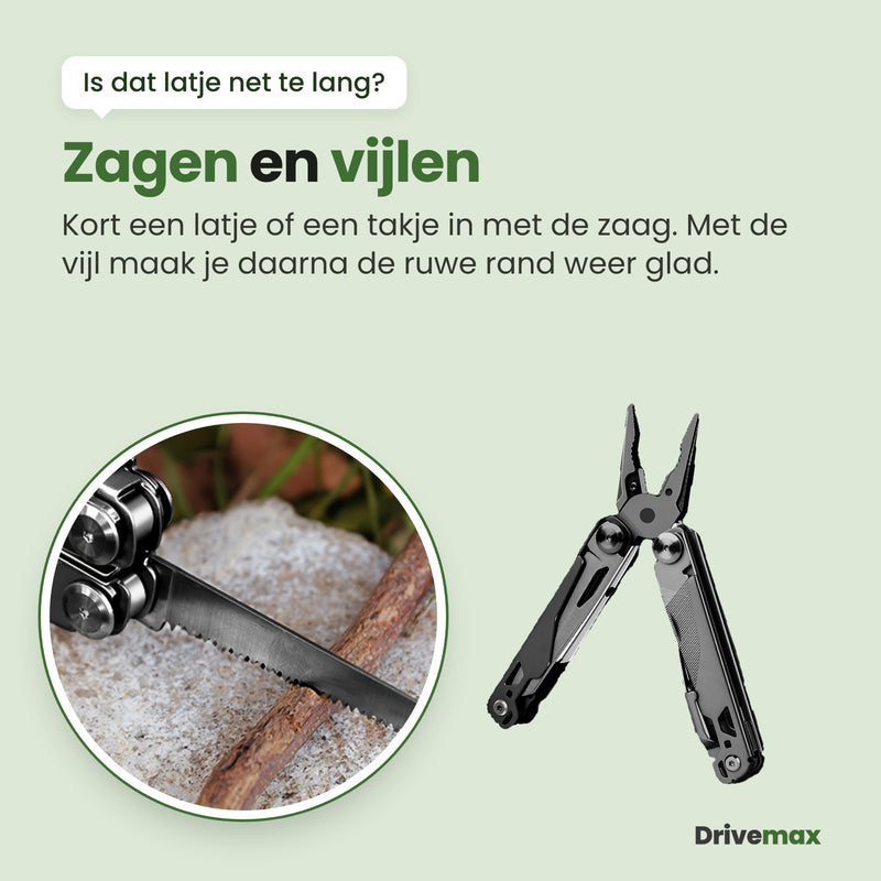 De zaag van de Toolova multitool op een takje, in een ronde uitvergroting, naast de open multitool met de vijl op het handvat