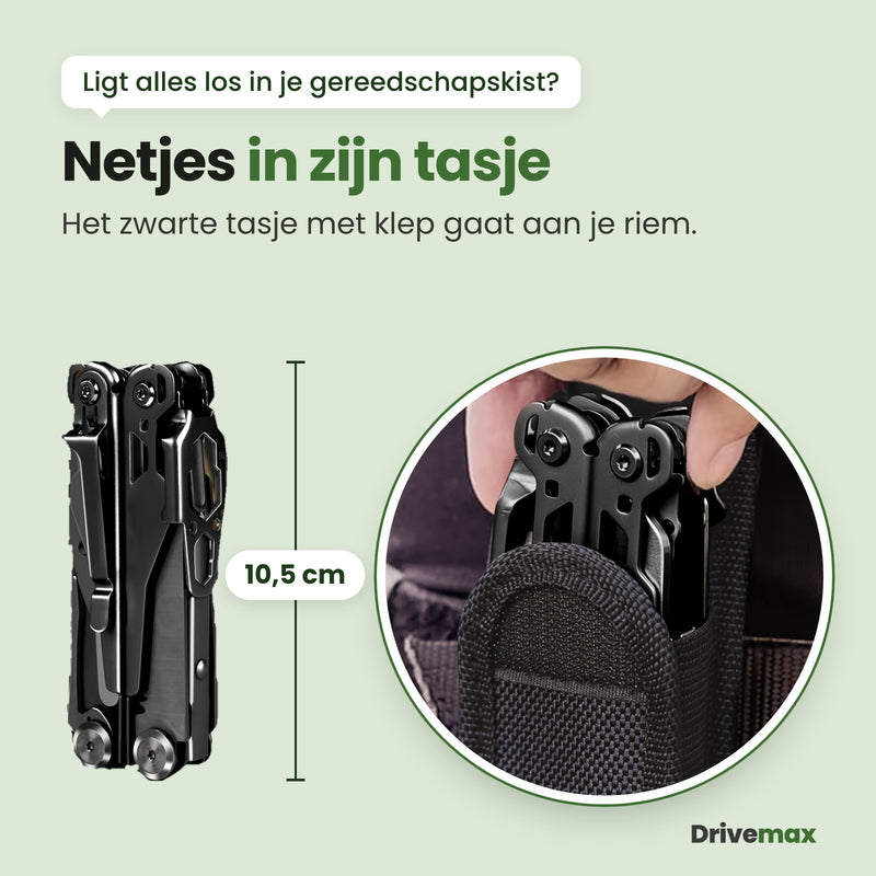 De ingeklapte Toolova multitool van 10,5 cm, en hoe hij in het zwarte tasje met klep aan een riem gaat