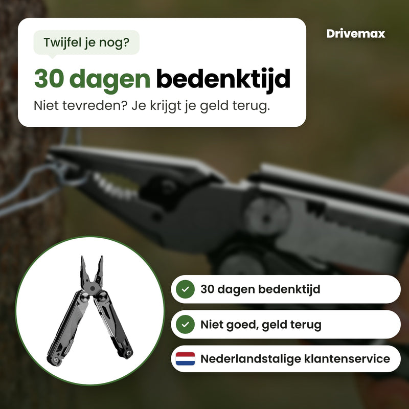 De Toolova multitool in een cirkel, met Nederlandstalige klantenservice: 30 dagen bedenktijd, niet goed geld terug